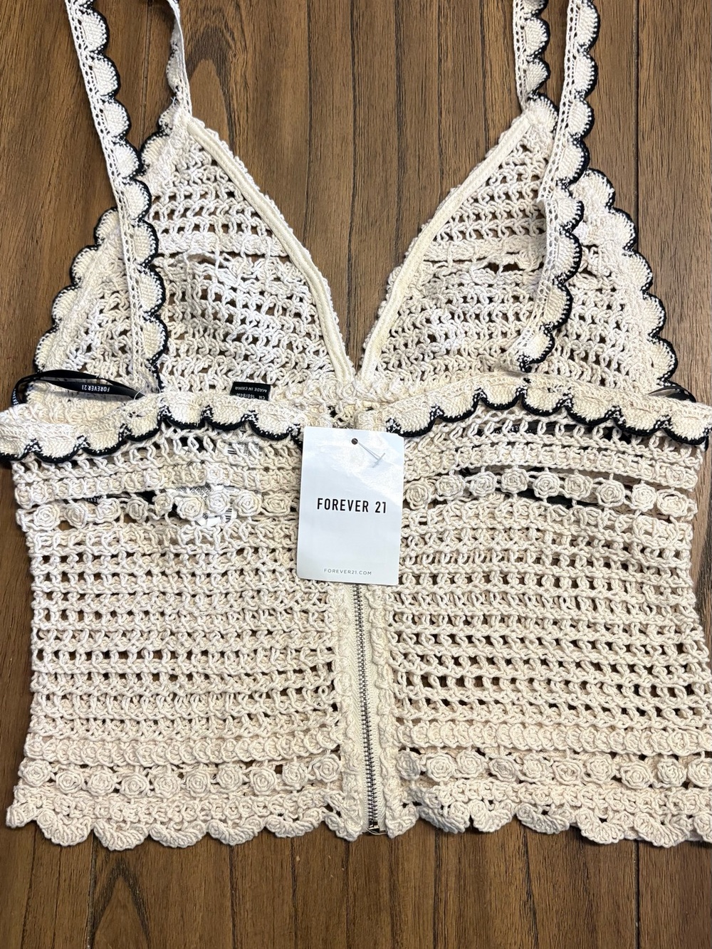 Women’s Crochet Tank Top - Cream with Black Trim - Picture 3 of 3